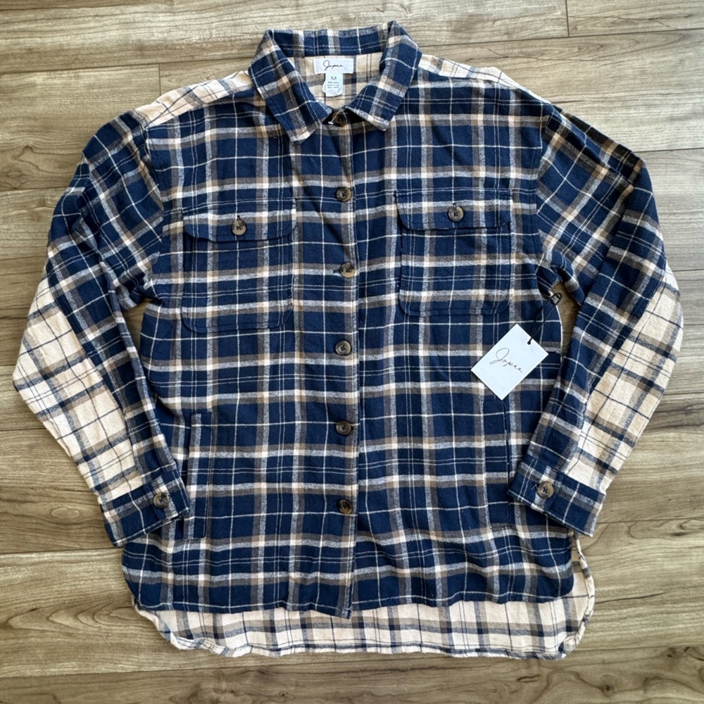 Japna two-toned plaid shacket Women’s Size Medium Cotton Pockets Navy Tan NEW